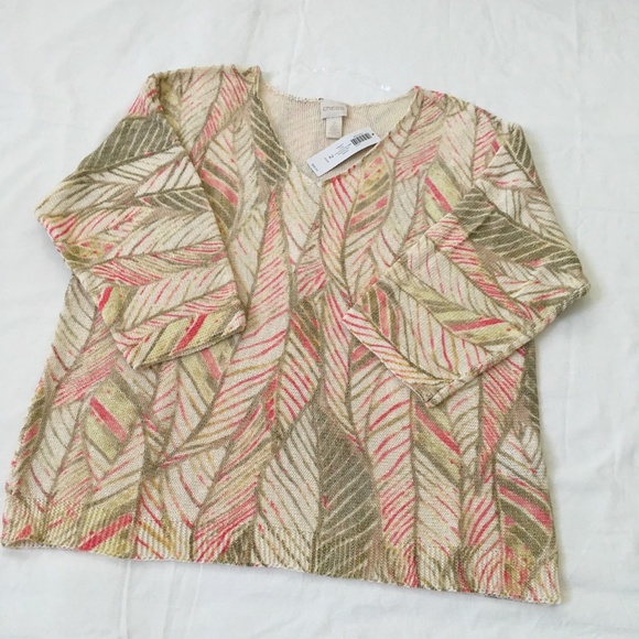 Chico's Sweaters - NWT  CHICOS Cotton Leaf Print Knit Top Size 2 (Large/XL) Cream Pink Green